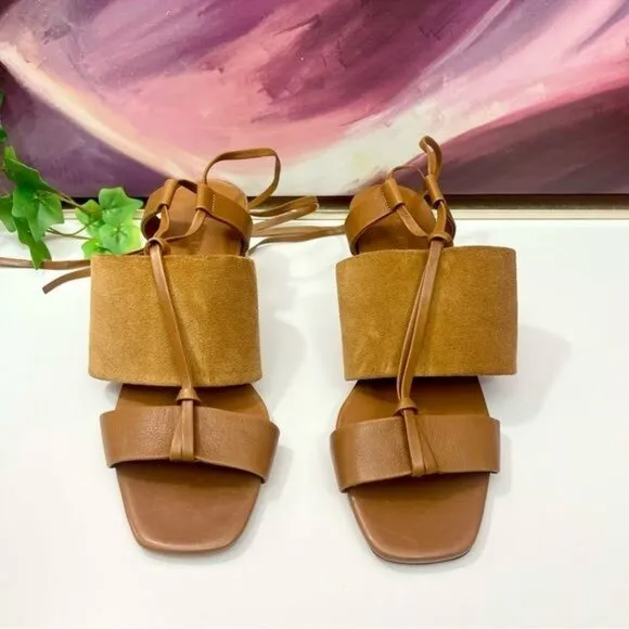 NWOB Vince Dunaway Ankle Tie Block Heel Hazelnut Brown Leather Sandal Size 7.5