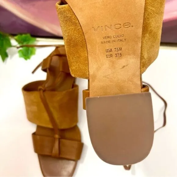 NWOB Vince Dunaway Ankle Tie Block Heel Hazelnut Brown Leather Sandal Size 7.5