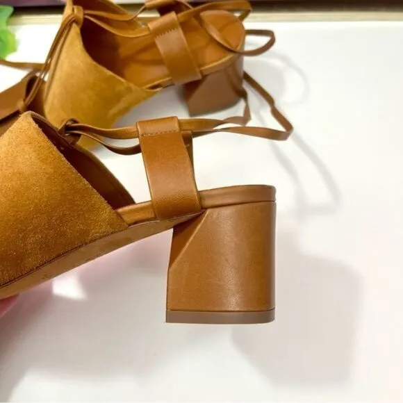 NWOB Vince Dunaway Ankle Tie Block Heel Hazelnut Brown Leather Sandal Size 7.5