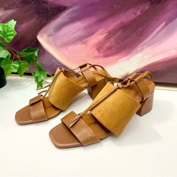 NWOB Vince Dunaway Ankle Tie Block Heel Hazelnut Brown Leather Sandal Size 7.5