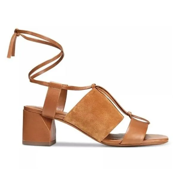 NWOB Vince Dunaway Ankle Tie Block Heel Hazelnut Brown Leather Sandal Size 7.5