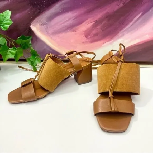 NWOB Vince Dunaway Ankle Tie Block Heel Hazelnut Brown Leather Sandal Size 7.5