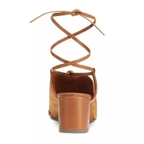 NWOB Vince Dunaway Ankle Tie Block Heel Hazelnut Brown Leather Sandal Size 7.5