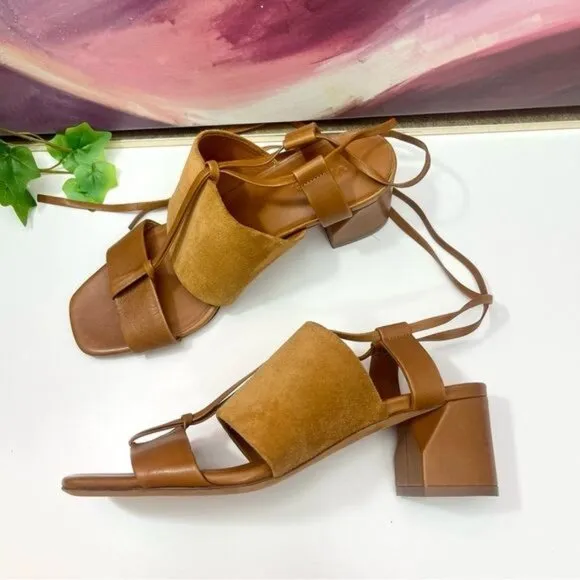 NWOB Vince Dunaway Ankle Tie Block Heel Hazelnut Brown Leather Sandal Size 7.5