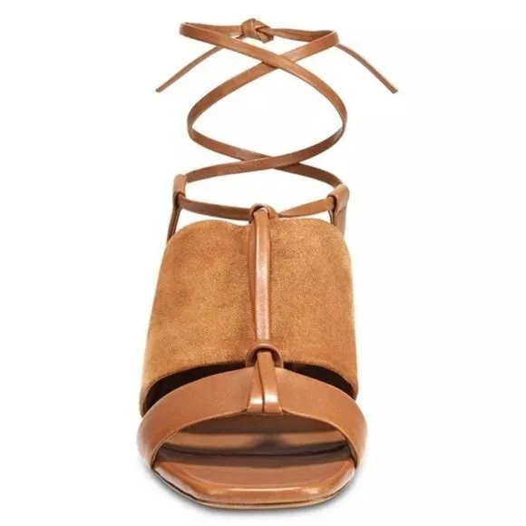 NWOB Vince Dunaway Ankle Tie Block Heel Hazelnut Brown Leather Sandal Size 7.5