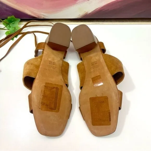 NWOB Vince Dunaway Ankle Tie Block Heel Hazelnut Brown Leather Sandal Size 7.5