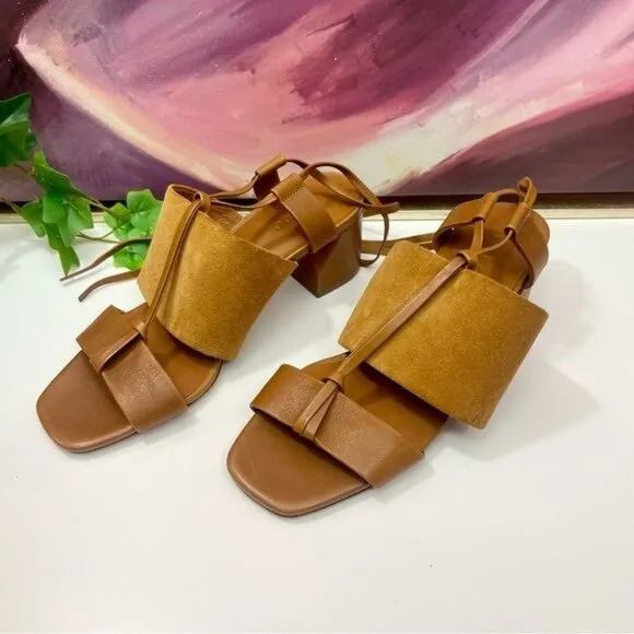 NWOB Vince Dunaway Ankle Tie Block Heel Hazelnut Brown Leather Sandal Size 7.5
