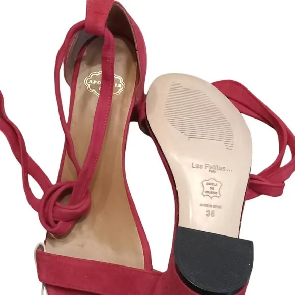 NWOT | Apologie Paris | Red Suede | Ankle Tie | Block Heel Sandal | Size: EU 38