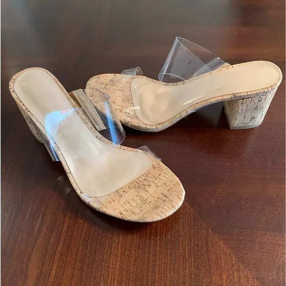 NWOT Clear Vinyl Cork Block Heel Sandals Size 8