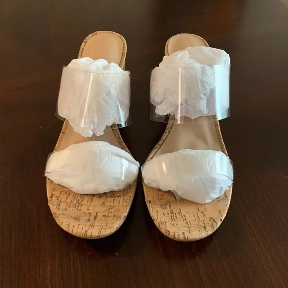 NWOT Clear Vinyl Cork Block Heel Sandals Size 8