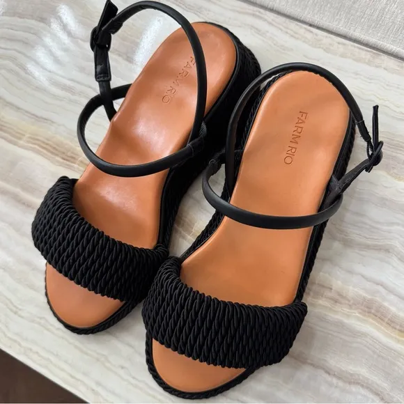NWOT FARM RIO Black Wedge Espadrille Sandals Size: 91.75” heel