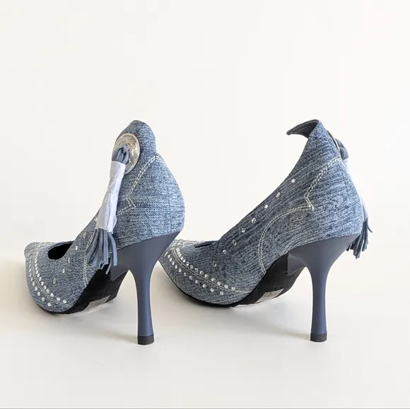 NWOT Jeffrey Campbell Yee Haw Heels Blue Acid Wash Denim Studs Rhinestones sz 8½