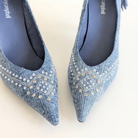 NWOT Jeffrey Campbell Yee Haw Heels Blue Acid Wash Denim Studs Rhinestones sz 8½