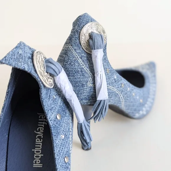 NWOT Jeffrey Campbell Yee Haw Heels Blue Acid Wash Denim Studs Rhinestones sz 8½