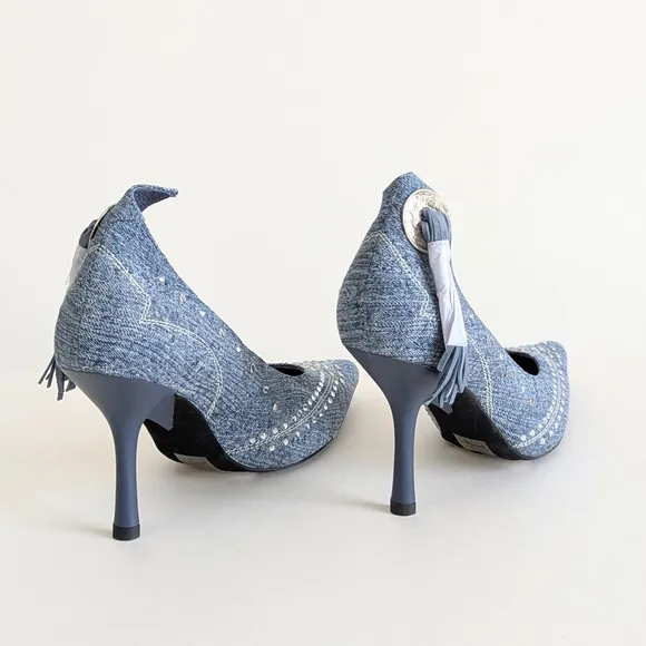 NWOT Jeffrey Campbell Yee Haw Heels Blue Acid Wash Denim Studs Rhinestones sz 8½
