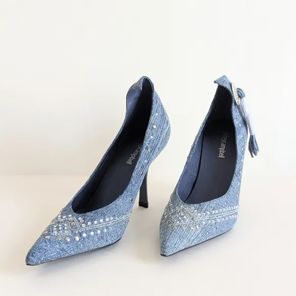 NWOT Jeffrey Campbell Yee Haw Heels Blue Acid Wash Denim Studs Rhinestones sz 8½