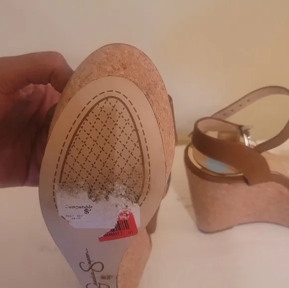NWOT Jessica Simpson Cognac Caramel Brown Wedge Sandal Heels Size 6