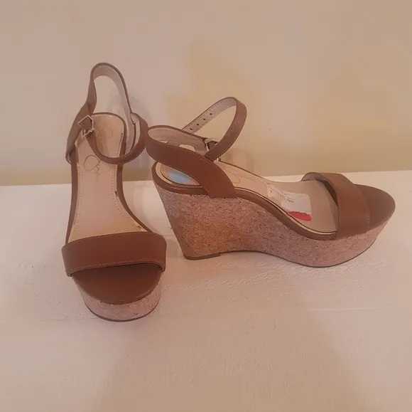 NWOT Jessica Simpson Cognac Caramel Brown Wedge Sandal Heels Size 6