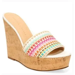 NWOT Veronica Beard Dali Multi Woven Cork Wedge Sandals 9 White Pink