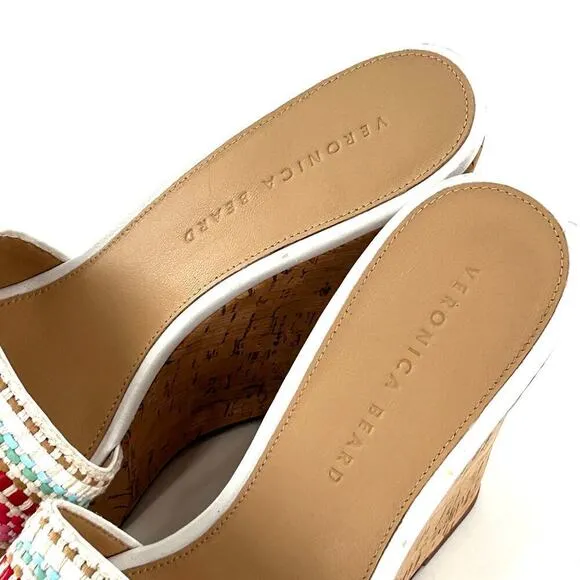 NWOT Veronica Beard Dali Multi Woven Cork Wedge Sandals 9 White Pink