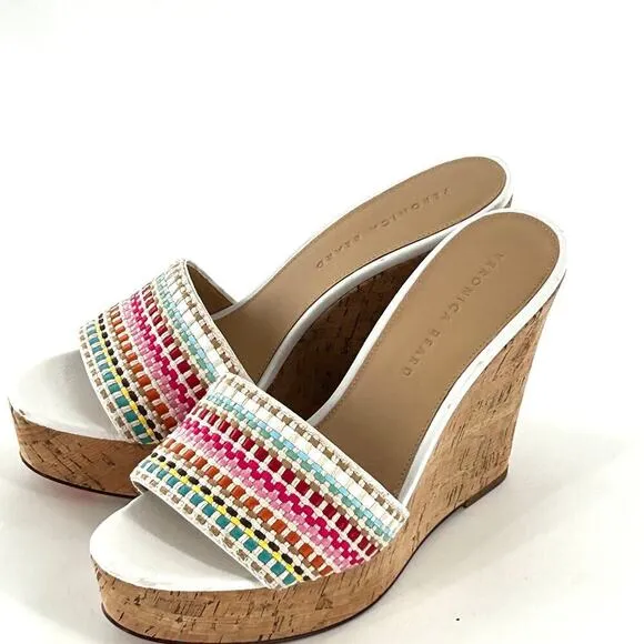 NWOT Veronica Beard Dali Multi Woven Cork Wedge Sandals 9 White Pink