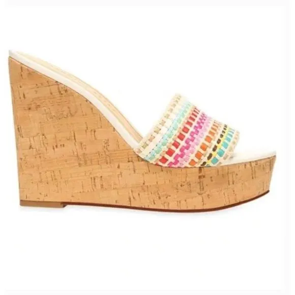 NWOT Veronica Beard Dali Multi Woven Cork Wedge Sandals 9 White Pink