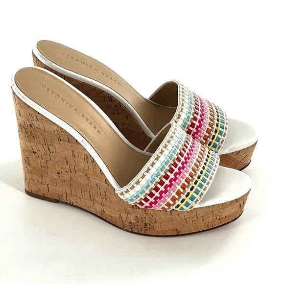 NWOT Veronica Beard Dali Multi Woven Cork Wedge Sandals 9 White Pink