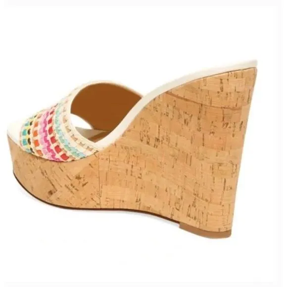 NWOT Veronica Beard Dali Multi Woven Cork Wedge Sandals 9 White Pink