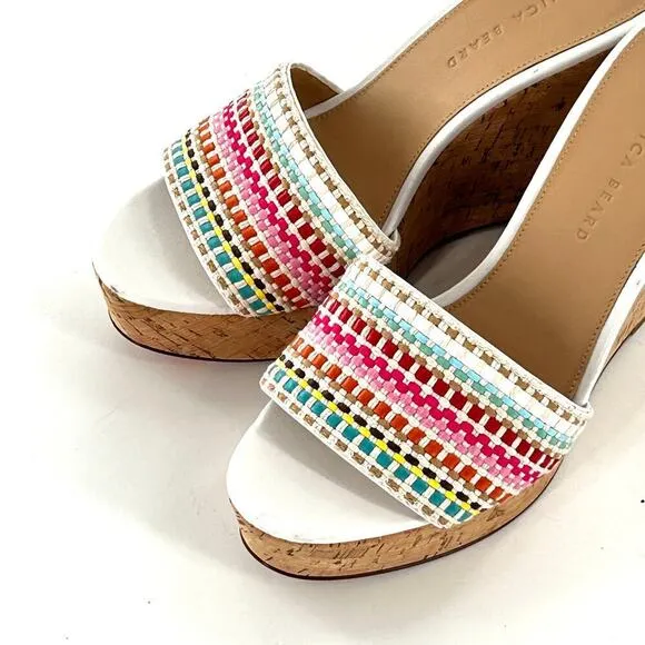 NWOT Veronica Beard Dali Multi Woven Cork Wedge Sandals 9 White Pink