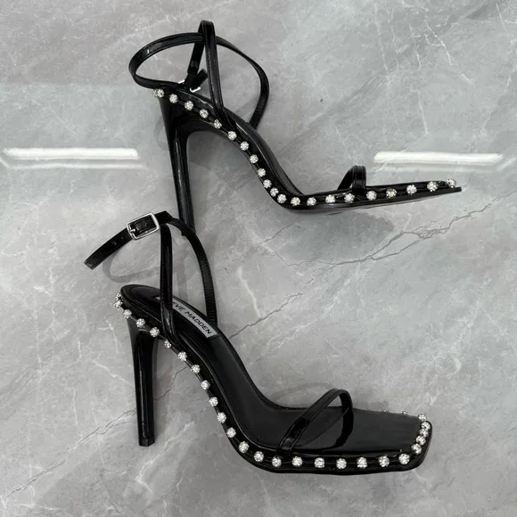 NWOT Women’s Steve Madden Zelle Black Rhinestone High Heel Sandals Size 7.5