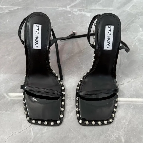 NWOT Women’s Steve Madden Zelle Black Rhinestone High Heel Sandals Size 7.5