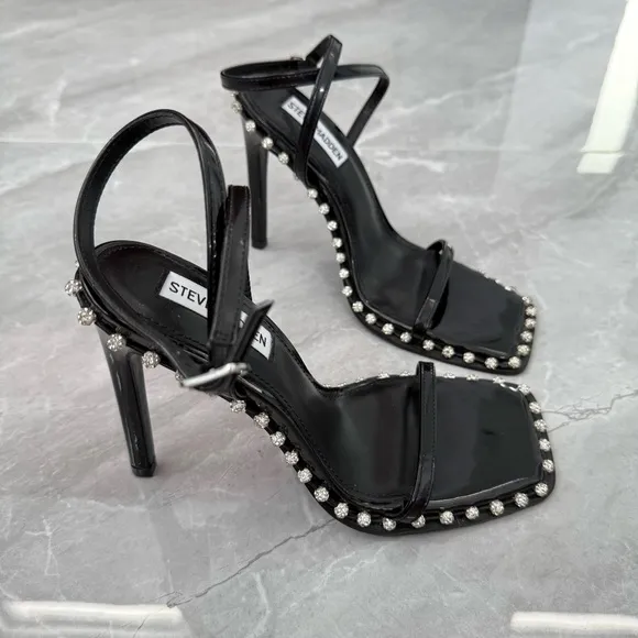 NWOT Women’s Steve Madden Zelle Black Rhinestone High Heel Sandals Size 7.5