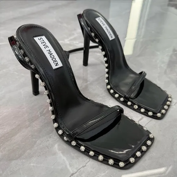 NWOT Women’s Steve Madden Zelle Black Rhinestone High Heel Sandals Size 7.5