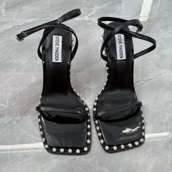 NWOT Women’s Steve Madden Zelle Black Rhinestone High Heel Sandals Size 7.5