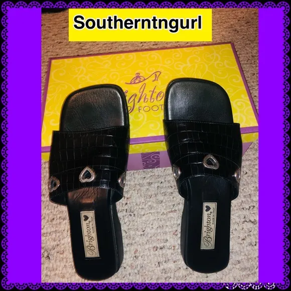 NWT BRIGHTON Black Yoko Crocodile Leather Sandals Slipnons