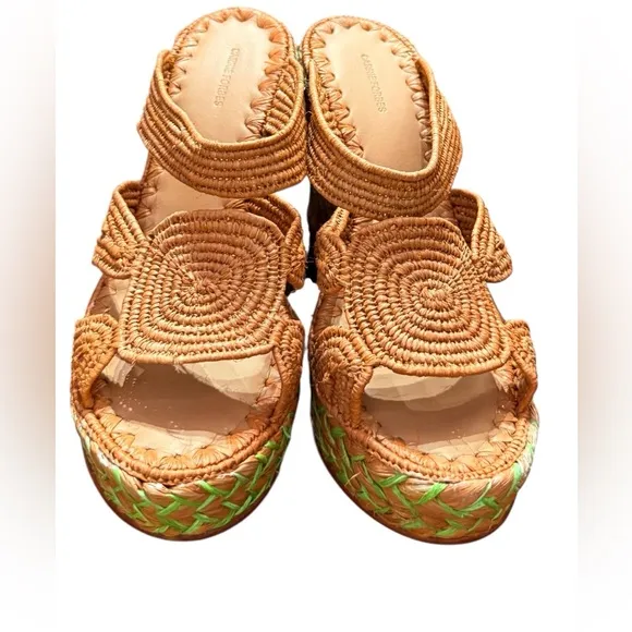 NWT Carrie Forbes Cello Raffia Wedge Sandals In Cognac Brown Size 8