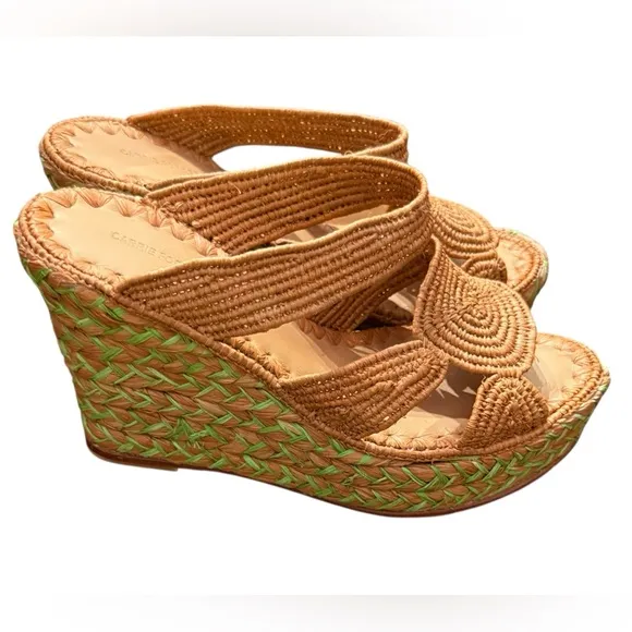 NWT Carrie Forbes Cello Raffia Wedge Sandals In Cognac Brown Size 8