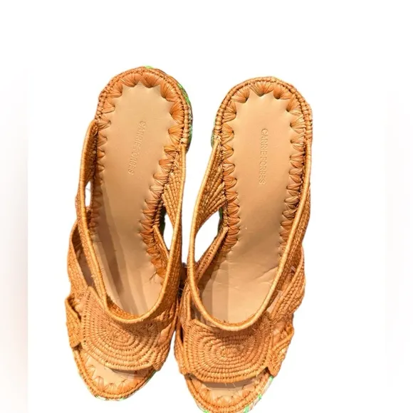 NWT Carrie Forbes Cello Raffia Wedge Sandals In Cognac Brown Size 8