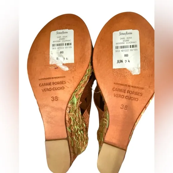 NWT Carrie Forbes Cello Raffia Wedge Sandals In Cognac Brown Size 8