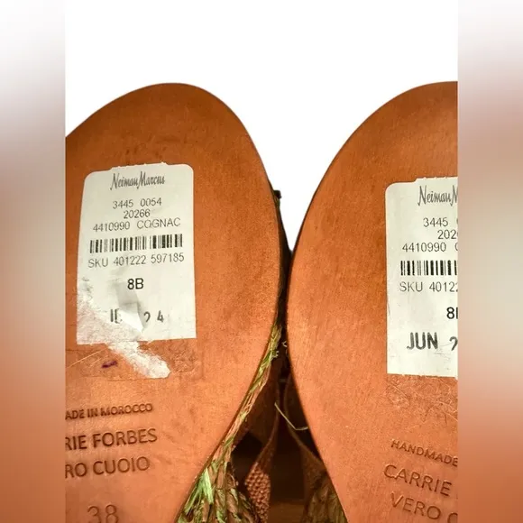 NWT Carrie Forbes Cello Raffia Wedge Sandals In Cognac Brown Size 8
