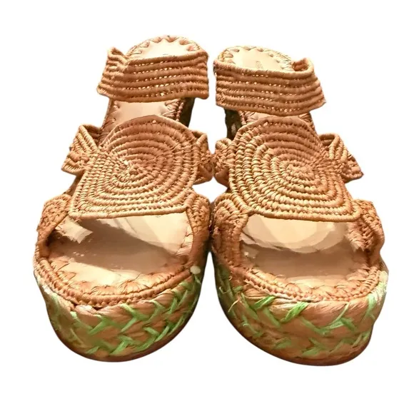 NWT Carrie Forbes Cello Raffia Wedge Sandals In Cognac Brown Size 8