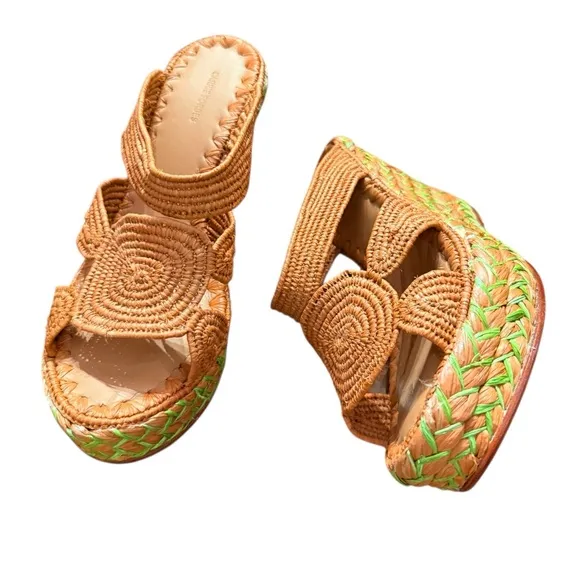 NWT Carrie Forbes Cello Raffia Wedge Sandals In Cognac Brown Size 8