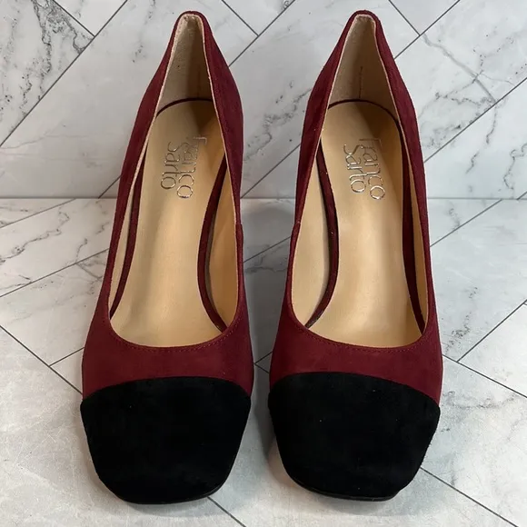 NWT Franco Sarto Womens Roller Pumps Cabernet Black Suede Block Heel Size 6M