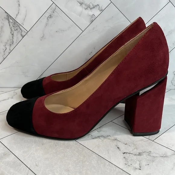 NWT Franco Sarto Womens Roller Pumps Cabernet Black Suede Block Heel Size 6M
