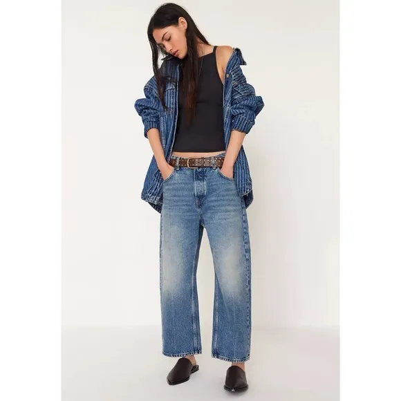 NWT Free People We The Free Deep Tranced Dropped Boyfriend Jeans Denim Blue