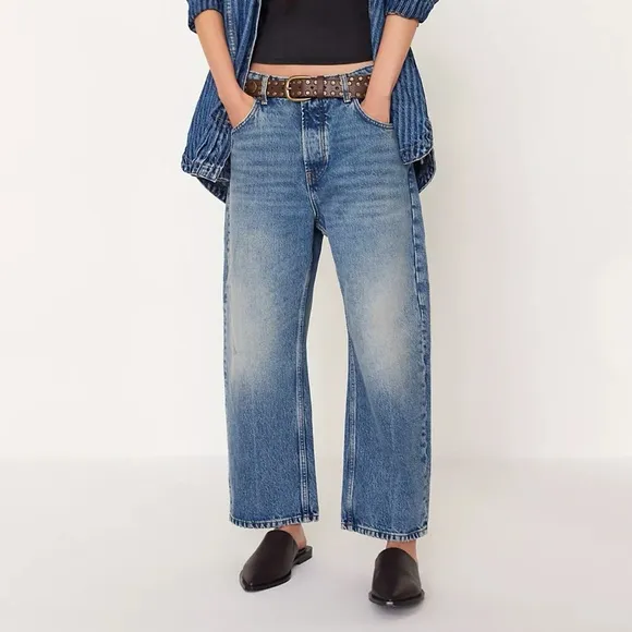 NWT Free People We The Free Deep Tranced Dropped Boyfriend Jeans Denim Blue