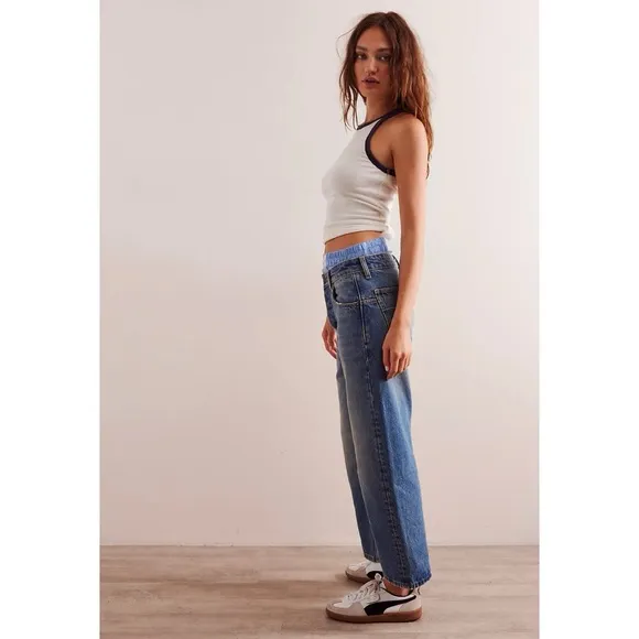 NWT Free People We The Free Deep Tranced Dropped Boyfriend Jeans Denim Blue