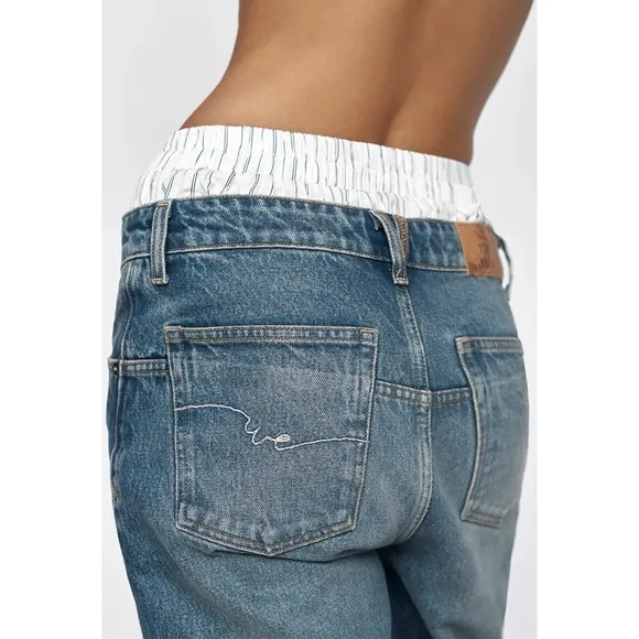 NWT Free People We The Free Deep Tranced Dropped Boyfriend Jeans Denim Blue