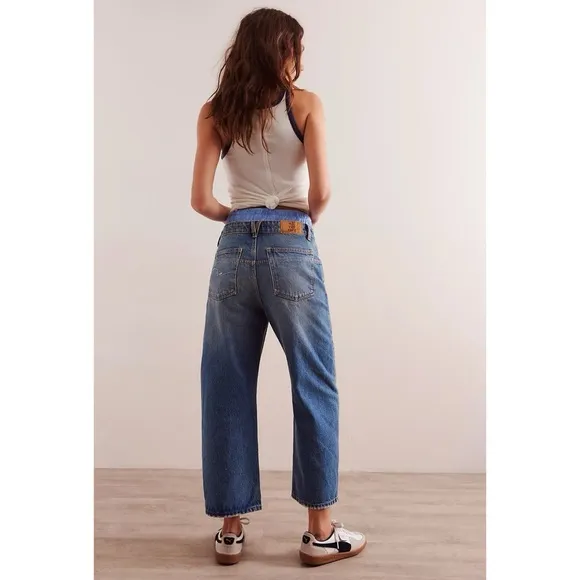 NWT Free People We The Free Deep Tranced Dropped Boyfriend Jeans Denim Blue