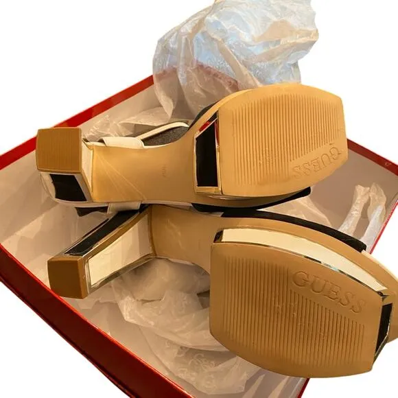 NWT Guess White Peep Toe Platform Sandals Barta High Heel Black Multi Suede 10 M